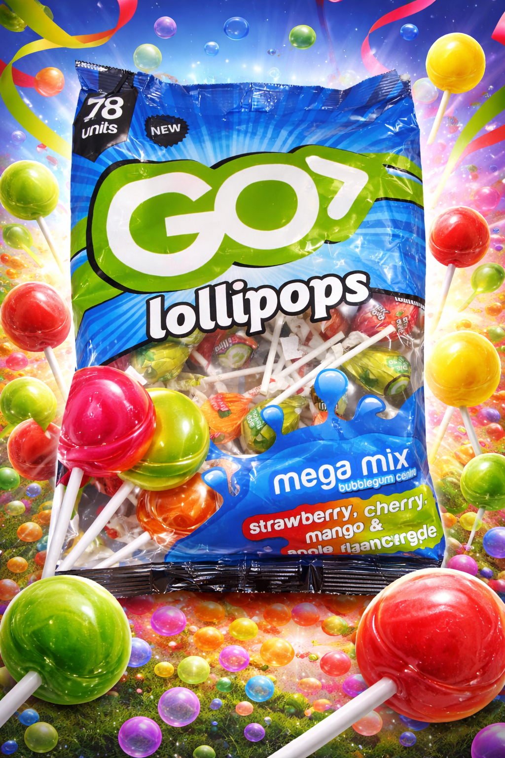 Assorted lollipops with bubble gum centre
