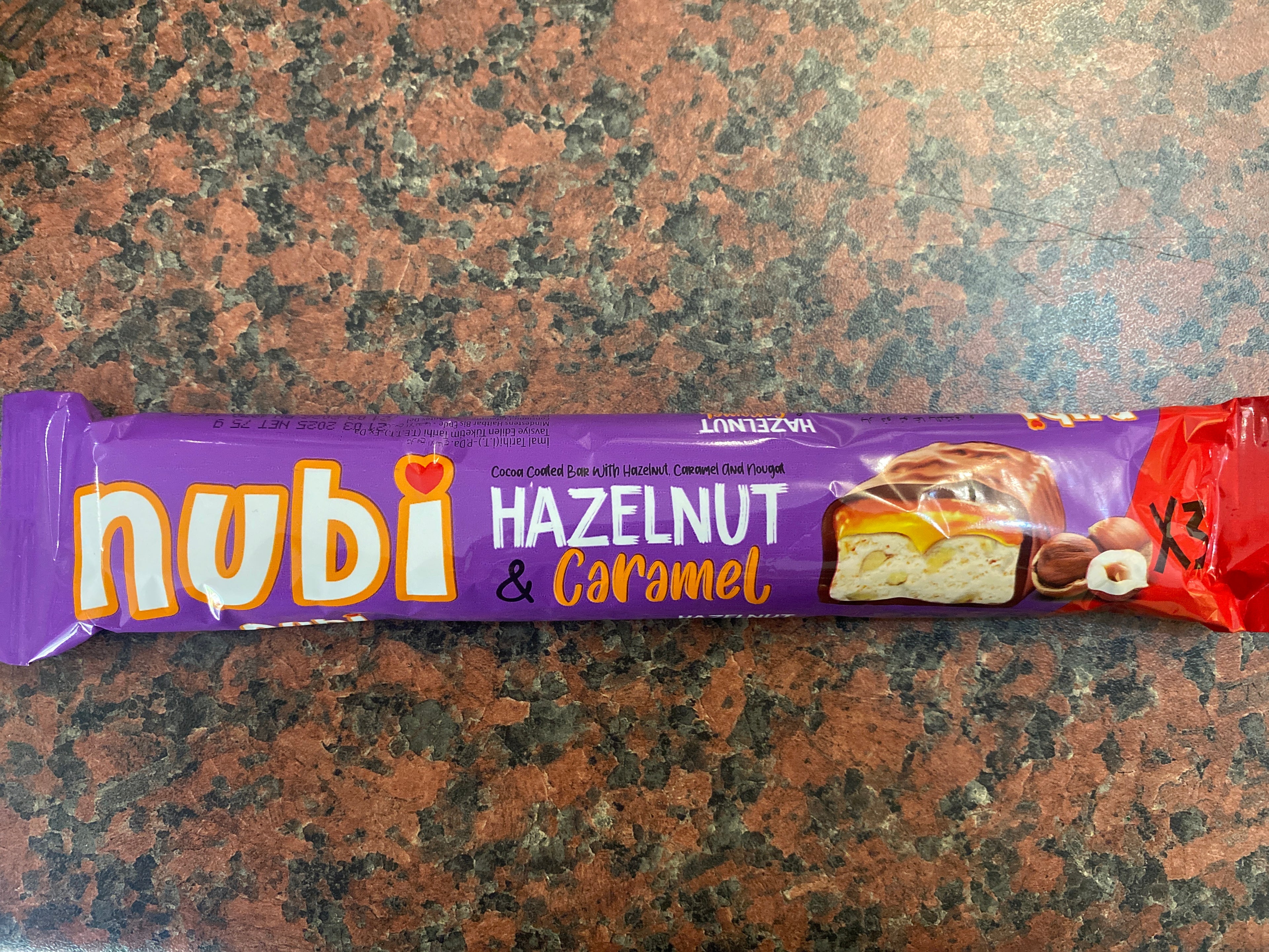 Nubi hazelnut and caramel chocolate bar
