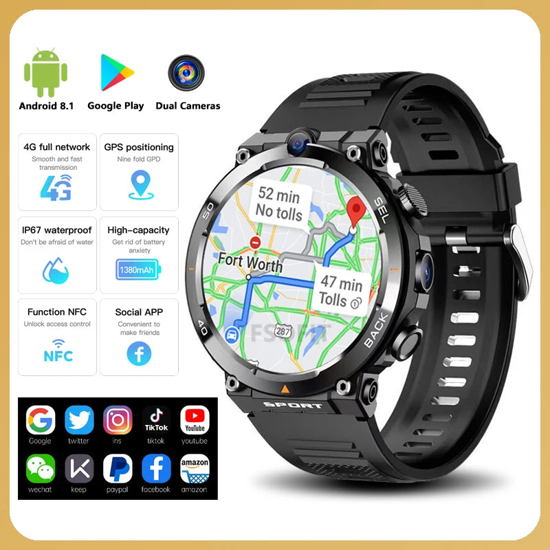 Google Play 1.39-inch 4G Network Smart Watch Dual Camera GPS WIFI NFC Rugged 64G-ROM IP67 Android